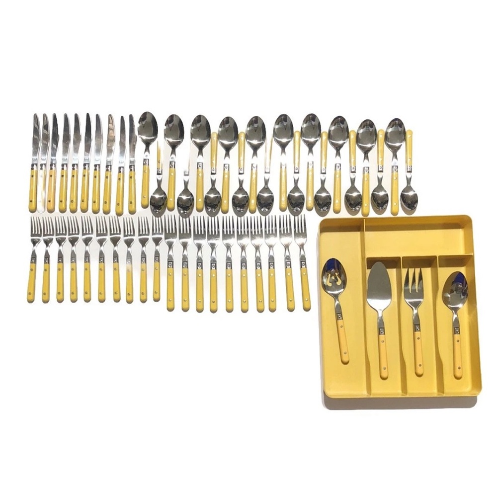 Vintage MCM Butterscotch Yellow Stainless Flatware lot 54 With Tray
